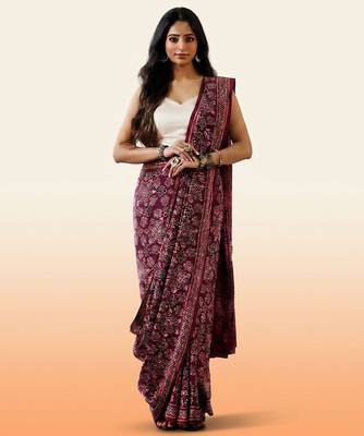Burgundy ajrakh printed cotton saree 3