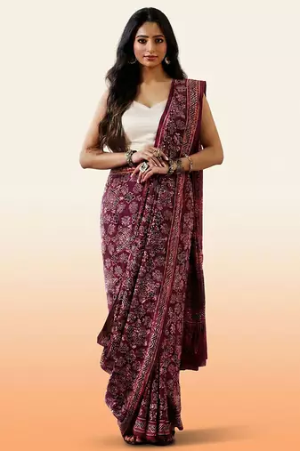 Burgundy ajrakh printed cotton saree