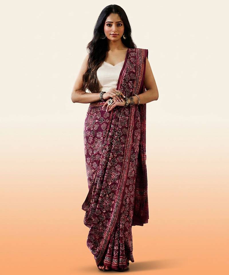 Burgundy ajrakh printed cotton saree