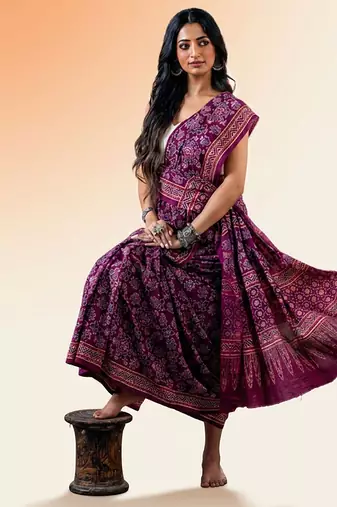 Burgundy ajrakh printed cotton saree