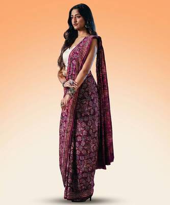 Burgundy ajrakh printed cotton saree 5