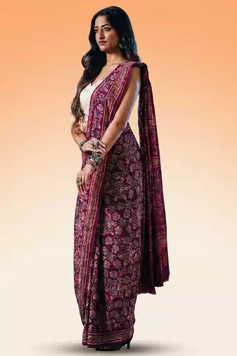 Burgundy ajrakh printed cotton saree