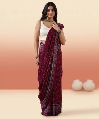 Burgundy ajrakh printed cotton saree 1