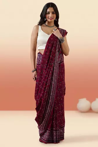 Burgundy ajrakh printed cotton saree