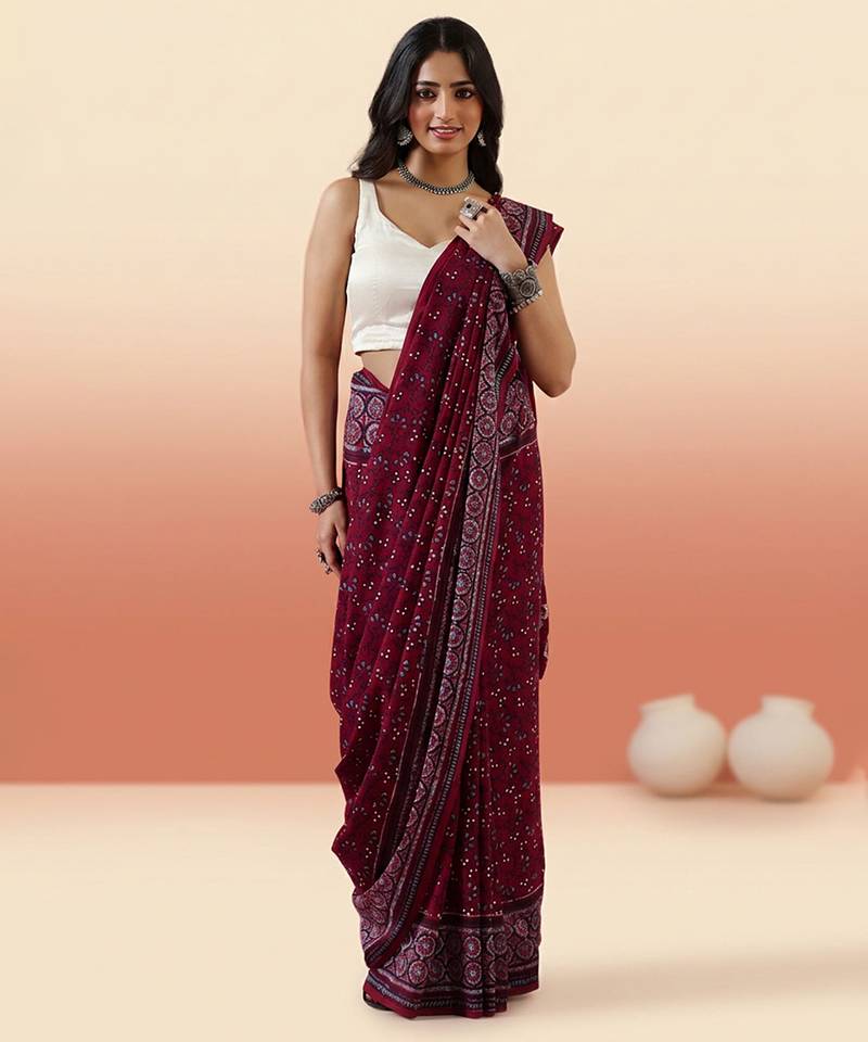 Burgundy ajrakh printed cotton saree