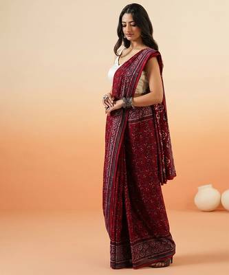 Burgundy ajrakh printed cotton saree 2