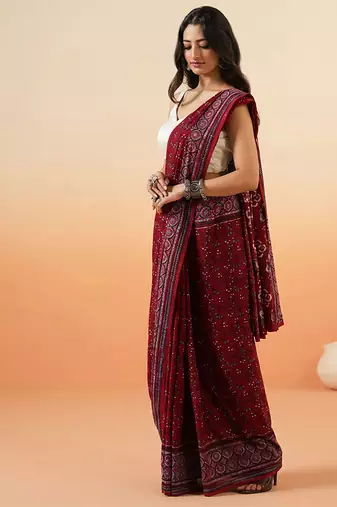 Burgundy ajrakh printed cotton saree