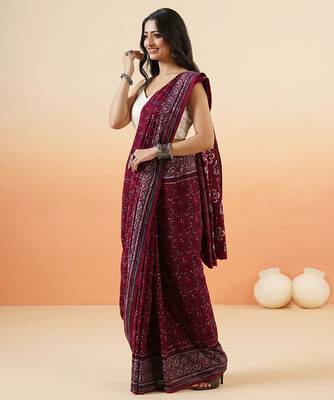 Burgundy ajrakh printed cotton saree 3