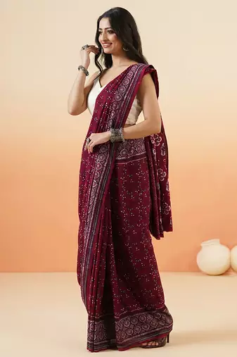 Burgundy ajrakh printed cotton saree