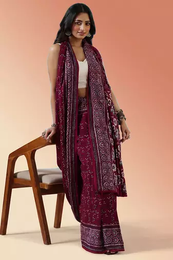 Burgundy ajrakh printed cotton saree