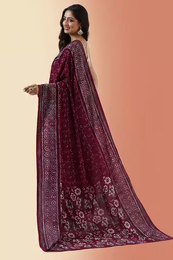 Burgundy ajrakh printed cotton saree