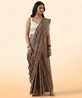Brown ajrakh printed cotton saree 1