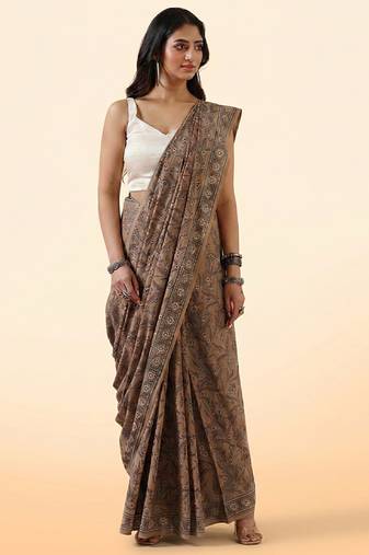 Brown ajrakh printed cotton saree