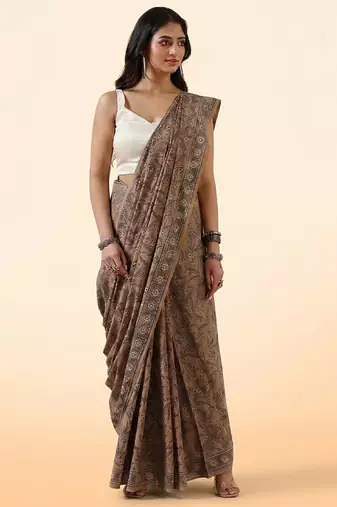 Brown ajrakh printed cotton saree