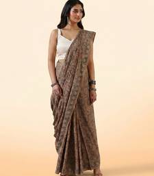 Brown ajrakh printed cotton saree