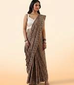Brown ajrakh printed cotton saree