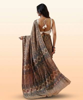 Brown ajrakh printed cotton saree 2