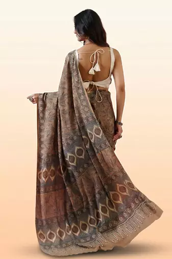 Brown ajrakh printed cotton saree