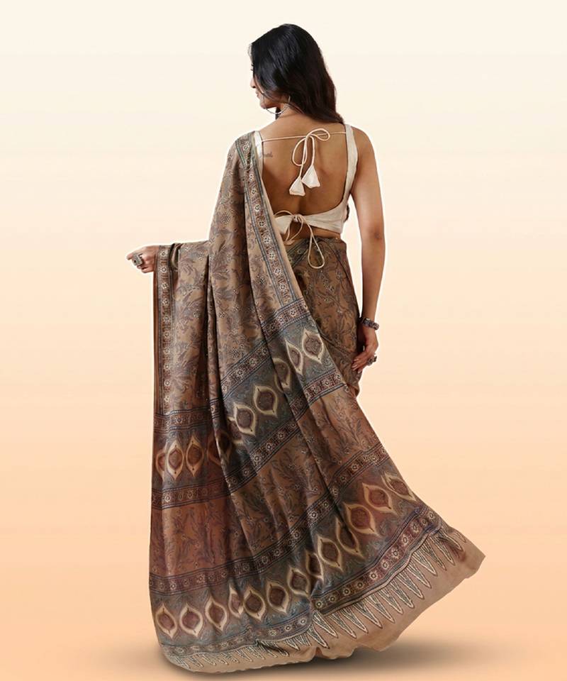 Brown ajrakh printed cotton saree