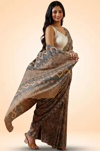 Brown ajrakh printed cotton saree