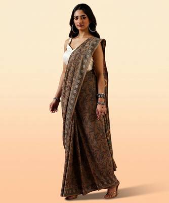 Brown ajrakh printed cotton saree 4