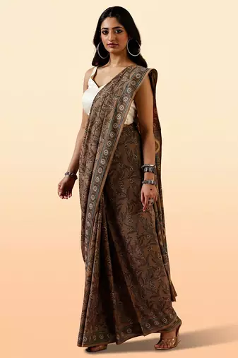 Brown ajrakh printed cotton saree