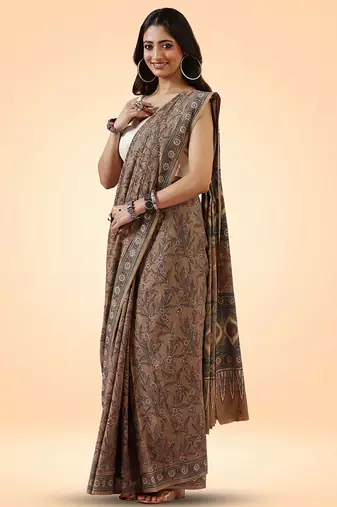 Brown ajrakh printed cotton saree