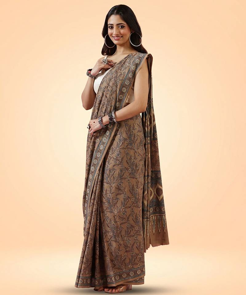 Brown ajrakh printed cotton saree