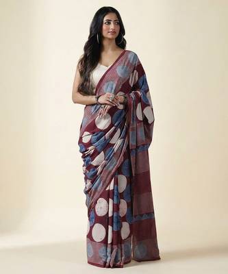 Burgundy blue ajrakh printed cotton saree 1