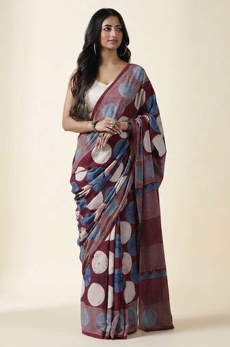 Burgundy blue ajrakh printed cotton saree