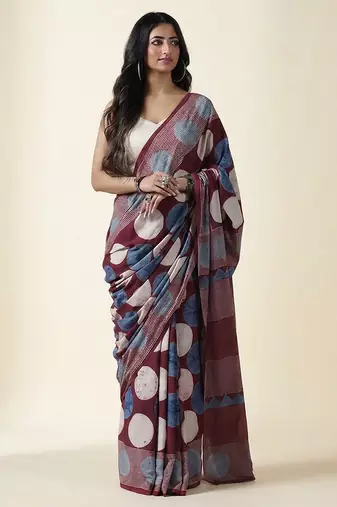 Burgundy blue ajrakh printed cotton saree