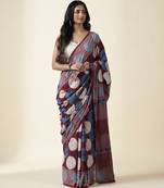 Burgundy blue ajrakh printed cotton saree