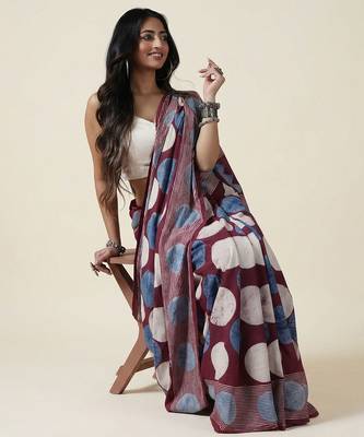 Burgundy blue ajrakh printed cotton saree 2