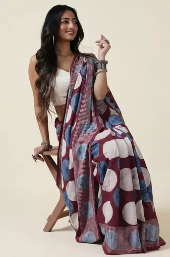 Burgundy blue ajrakh printed cotton saree