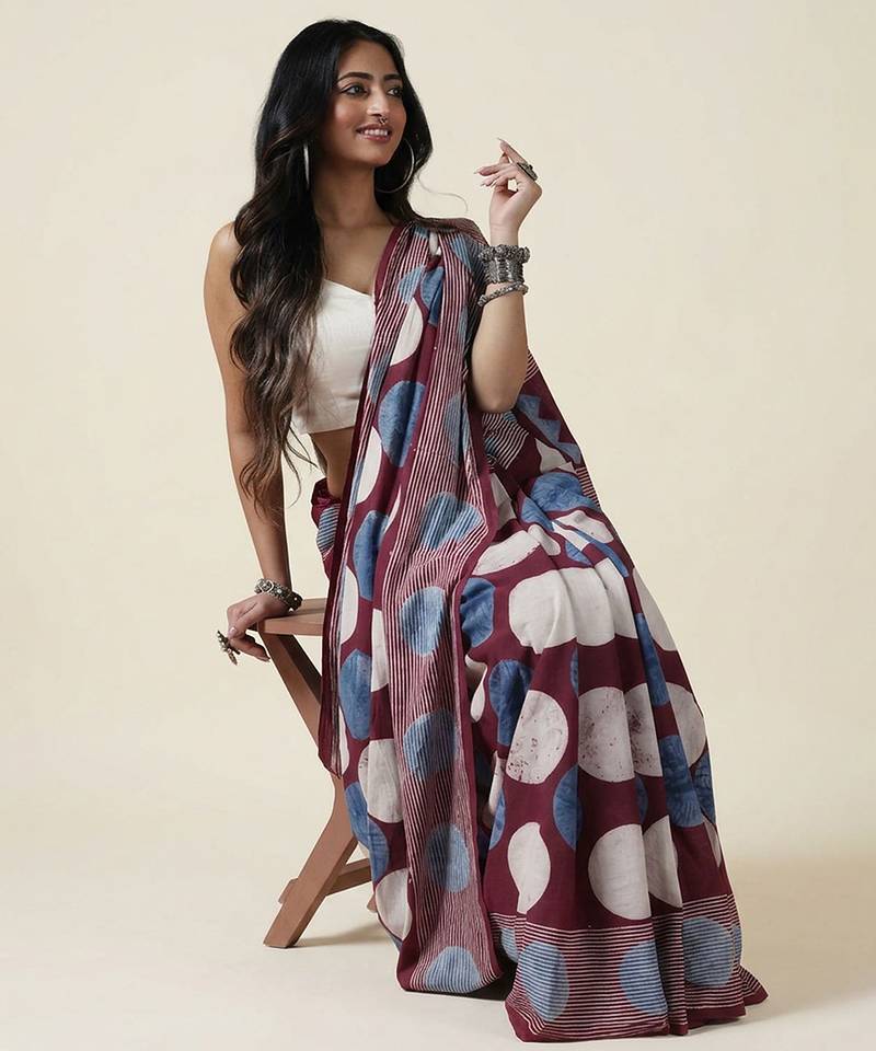 Burgundy blue ajrakh printed cotton saree