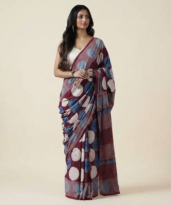 Burgundy blue ajrakh printed cotton saree 3