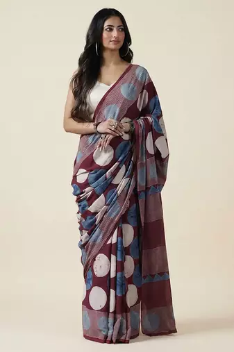 Burgundy blue ajrakh printed cotton saree