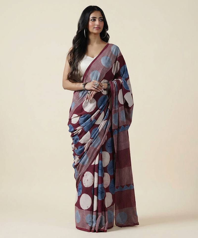 Burgundy blue ajrakh printed cotton saree