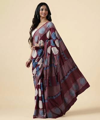Burgundy blue ajrakh printed cotton saree 4
