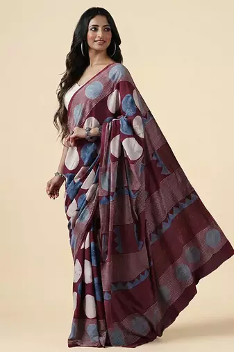 Burgundy blue ajrakh printed cotton saree