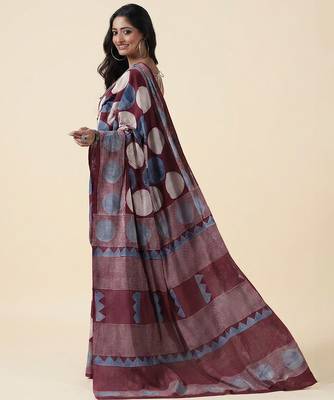 Burgundy blue ajrakh printed cotton saree 5