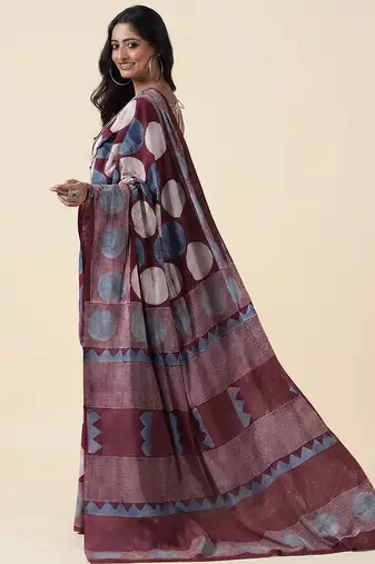 Burgundy blue ajrakh printed cotton saree