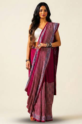 Maroon ajrakh printed cotton saree