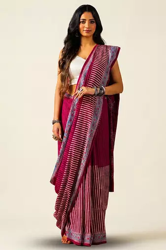 Maroon ajrakh printed cotton saree