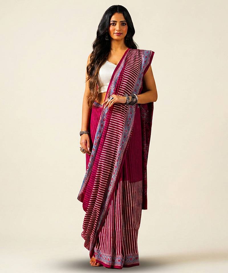 Maroon ajrakh printed cotton saree