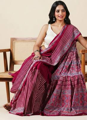 Maroon ajrakh printed cotton saree 2