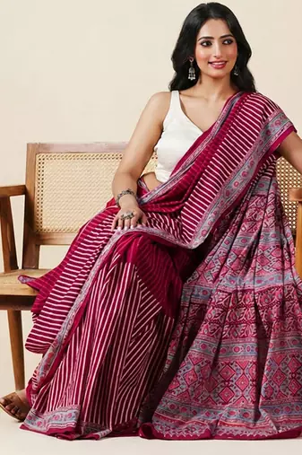 Maroon ajrakh printed cotton saree