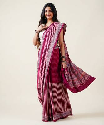 Maroon ajrakh printed cotton saree 3