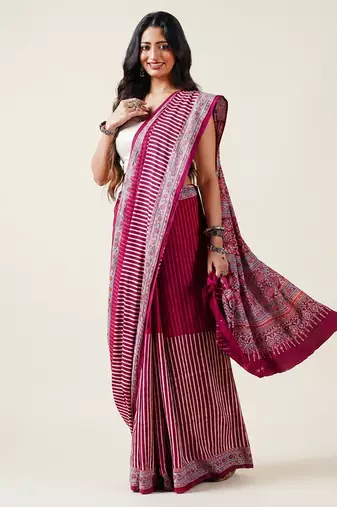 Maroon ajrakh printed cotton saree