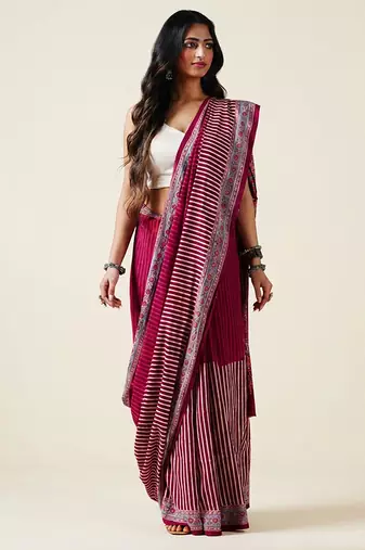 Maroon ajrakh printed cotton saree